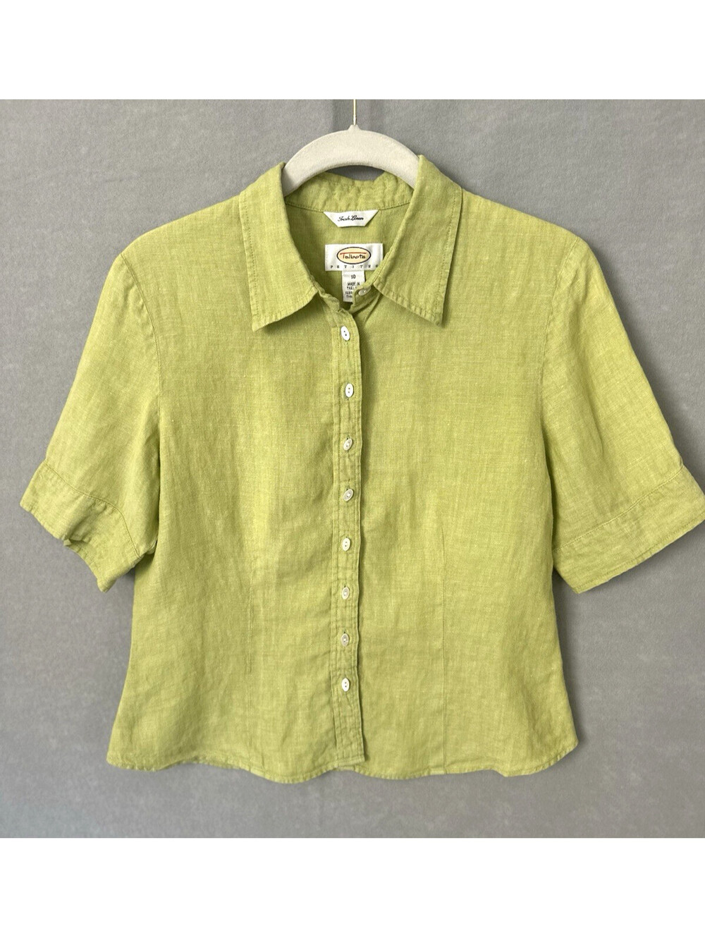 Vtge Talbots Irish Linen Green Spring Top 10P Elbow Sleeve Button Up Shirt Beach